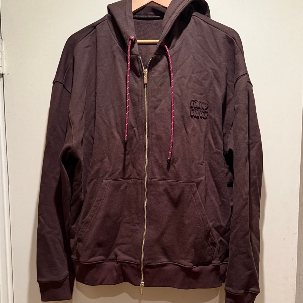 Miu Miu Brown Zip-Up Hoodie with Pink Drawcords